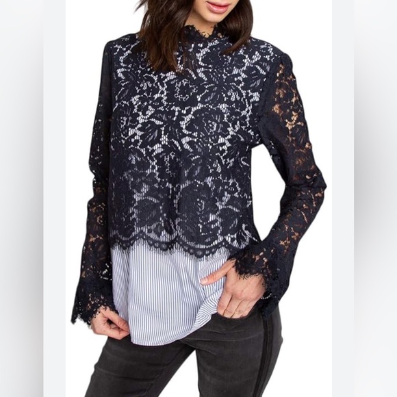 Sugar + Lips Pinstripe and Lace Blouse Size Large - Picture 2 of 13